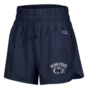 women's navy shorts with Penn State and Athletic Logo on left leg